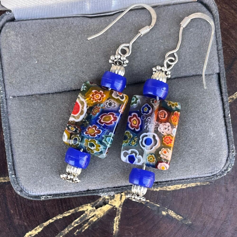 Millefiori Murano Glass Earrings Dangle Rainbow art jewelry